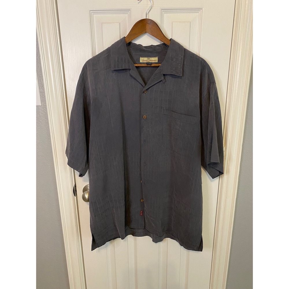 Tommy Bahama Mens Large 100% Silk Short Sleeve Camp Shirt Gray Jacquard Grid